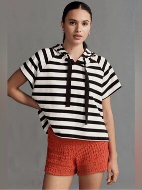 Anthropologie Black and White Striped Short-Sleeve Hoodie